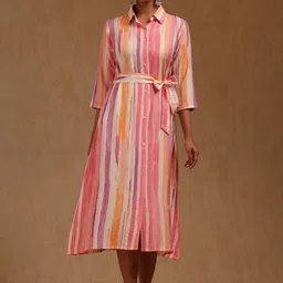 Soch Women Striped Silk Shirt Collar Neck Shirt Midi Dress-image-27
