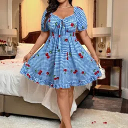 DressBerry Curve Printed Puff Sleeve Tie-Up Neck Ruffled Fit & Flare Dress-image-5