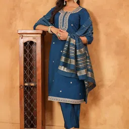 KALINI Women Ethnic Motifs Embroidered Regular Thread Work Chanderi Silk Kurta with Trousers & With Dupatta-picture-16