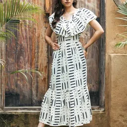 Satnam Handicrafts Women Cotton Print Flared Sleeve Ruffled Fit & Flare Midi Dress-image-0