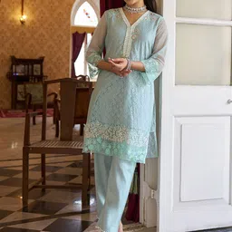 HEEPOSH Embroidered V Neck Tunic With Trousers Co-Ords Set image 5