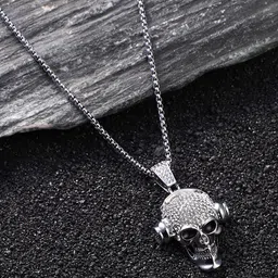 French Accent Men Silver Plated Stones Studded The Skull Music Pendant Comes With Chain image 1