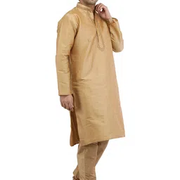 Exotic India Men Solid Regular Mandarin Collar Calf Length Kurta with Pyjamas image 4