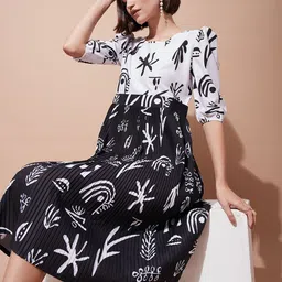 DressBerry Tropical Print Puff Sleeve Crepe Fit & Flare Dress-picture-30