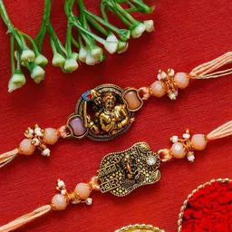 eCraftIndia Set of 2 Stones Studded And Beaded Radha Krishna & Ganesha Feather Rakhi-picture-15