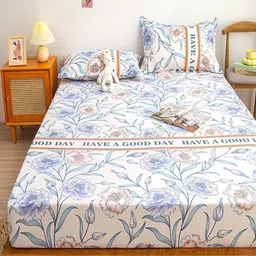 JC HOME White & Blue Floral 140 TC Fitted Double Queen Bedsheet Set 1.50 m x 2 m image 4