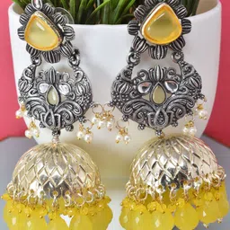 MEIRA JEWELLERY Silver Plated Artificial Stones Studded And Beaded Dome Oxidised Jhumkas-image-73