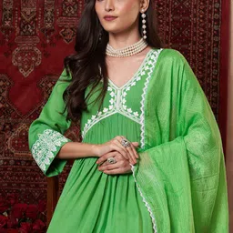 GoSriKi Floral Yoke Design Empire Thread Work A-Line Kurta With Trousers And Dupatta image 2