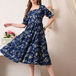 TRUVON FASHIONS Floral Print Puff Sleeve Fit & Flare Midi Dress-picture-11