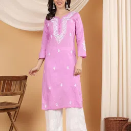 Poshak Chikan Studio Women Embroidered Cotton Long Straight Chikankari Kurta-image-2