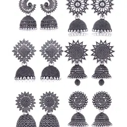 MEENAZ Set Of 6 Silver-Plated Oxidised Dome Shaped Jhumkas-image-91