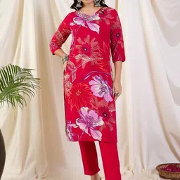 Katn India Women Floral Printed Regular Thread Work Kurta with Trousers & With Dupatta image 2