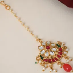 flying beads Women Gold-Plated Ethnic Brass Kundan Studded Maang Tikka Head Jewellery-picture-26
