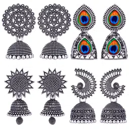 Sangria Women Pair Of 4 Peacock Shaped Silver Oxidised Jhumkas-image-33
