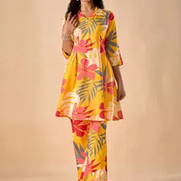 KALINI Women Mustard Floral Printed Cotton Shirt & Trousers Co-Ord Set-picture-21