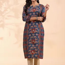 Vbuyz Blue Ethnic Motifs Printed Sequinned Notched Round Neck Cotton Straight Kurta-picture-16