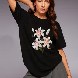 GRACE & JACK Floral Printed Embellished Round Neck Cotton Oversized T-shirt-picture-11