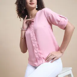 R.Code by The Roadster Life Co. Tie-Up Neck Roll-Up Sleeves Crepe Top image 3