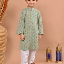 Sangria Green Boys Floral Printed Mandarin Collar Pure Cotton Kurta With Pyjamas-image-58