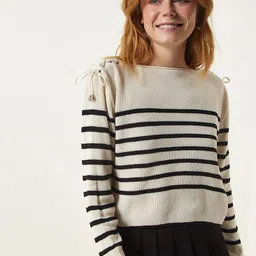 Happiness istanbul Women Krem Striped Boat Neck Long Sleeves Pullover Sweater-picture-27