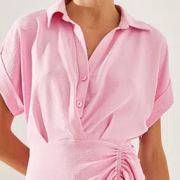 BIANCO LUCCI Women Shirt Collar Cap Sleeves Gathered Shirt Dress image 2