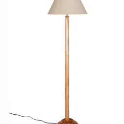 Devansh Off White & Brown Cotton Conical Shade Wood Base Floor Lamps image 3