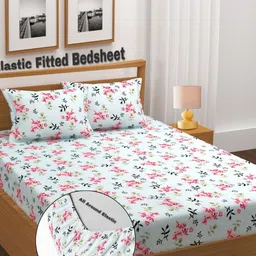 AMRANGE White & Pink Printed Fitted Microfiber 210TC Double King Bedsheet Set 1.8m x 1.9m-picture-29
