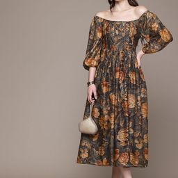 Label Ritu Kumar Floral Print Off-Shoulder Puff Sleeve A-Line Corsage Midi Dress-picture-8