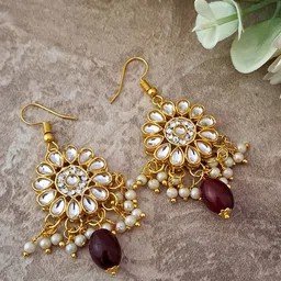 MERYCRAFT Gold Plated Kundan Stones Studded & Beaded Floral Drop Earrings-picture-32