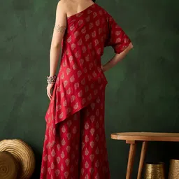 Sangria Red and Gold Printed One Shoulder Asymmetrical Kurta & Palazzo image 3