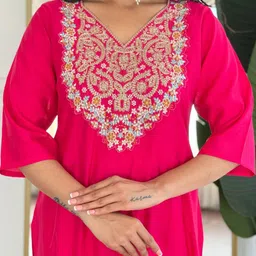KALINI Women Pink Embroidered Regular Kurta With Trousers & Dupatta image 2