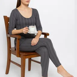 TRENDY RABBIT Women Striped Ribbed Thermal Set-image-64