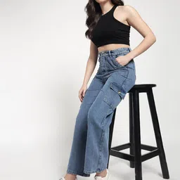The Roadster Lifestyle Co Women Pure Cotton High-Rise Cargo Jeans image 3