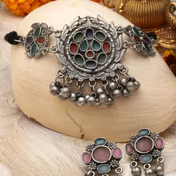 Moedbuille Silver-Plated Oxidised Ghungroo-Studded Meenakari Work Jewellery Set-picture-21