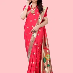 kalini Peach Paithani Woven Design Saree And Has a Zari Border Blouse Piece image 5