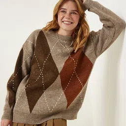 Happiness istanbul Women Argyle Round Neck Pullover Sweaters-picture-31