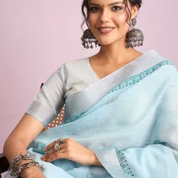 Mitera Ethnic Motifs Printed Pure Linen Taant Saree image 4