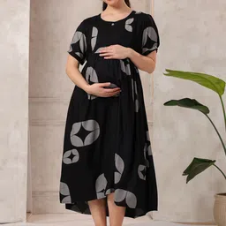 NIGHTSPREE Women Geometric Printed Puff Sleeves Maternity Fit & Flare Midi Dress-picture-24