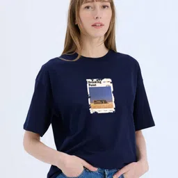 MISCHIEF MONKEY Women Printed Drop-Shoulder Sleeves Applique T-shirt image 2