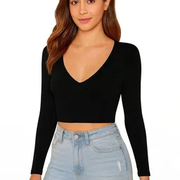 PUERY Women XS V-Neck Full Sleeves Cotton Fitted Crop Top-image-19