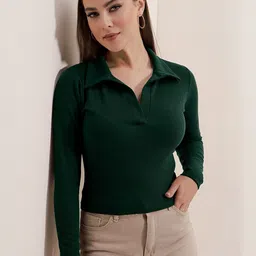 Maheshvi Women Ribbed Shirt Collar Fitted Top image 3