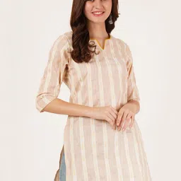 Brownverse Women Striped Thread Work Dobby Kurta-image-87