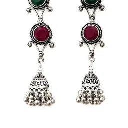Yash Jewels Emporiums Silver-Plated Artificial Stones Studded Oxidised Dome Shaped Jhumkas-picture-19