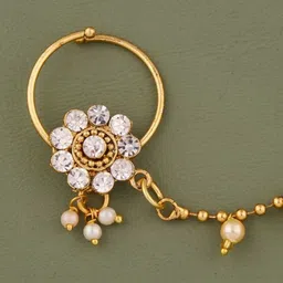 GC PREMIUM JEWELLERY Gold-Plated CZ Studded And Pearls Beaded Ring Nosepin With Chain image 3