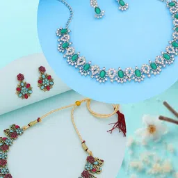 DIVASTRI Set Of 2 Gold-Plated American Diamond-Studded Jewellery Set-picture-25