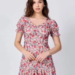 Outzidr Floral Print Sweetheart Neck Puff Sleeve Shift Mini Dress-image-7