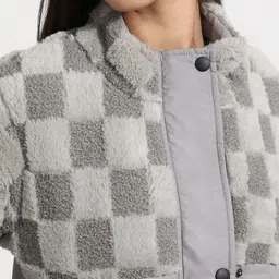 Campus Sutra Women Stand Collar Checked Lightweight Sherpa Jacket image 3