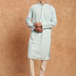 Souragya's Solid Sky Blue Ethnic Chikankari Cotton Kurta Set for Men-image-81