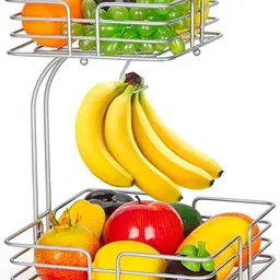 e c creation 2-Tier Countertop Fruit Vegetables Basket Bowl Storage With Banana Hanger-Silver Stainless Steel Fruit & Vegetable Basket-picture-16
