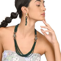 ODETTE Gold-Toned & Green Stone-Studded & Beaded Jewellery Set-image-60